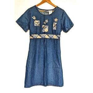 VINTAGE 90s Y2K embroidered patchwork blue denim midi house dress